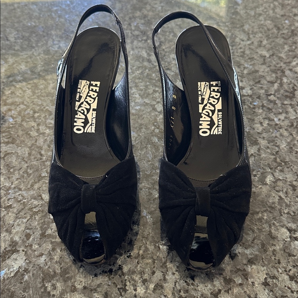 Salvatore Ferragamo Black Peep Toe Slingback Heels